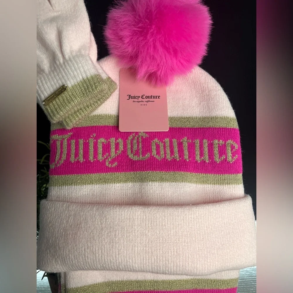 Juicy Couture Pink Gold Sparkle Hat Scarf Gloves 3pc Gift Set NWT
